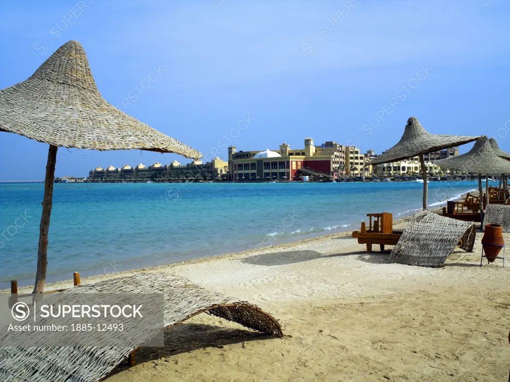 Egypt, , Hurghada, Beach scene at El Palacio Sun Rise Resort