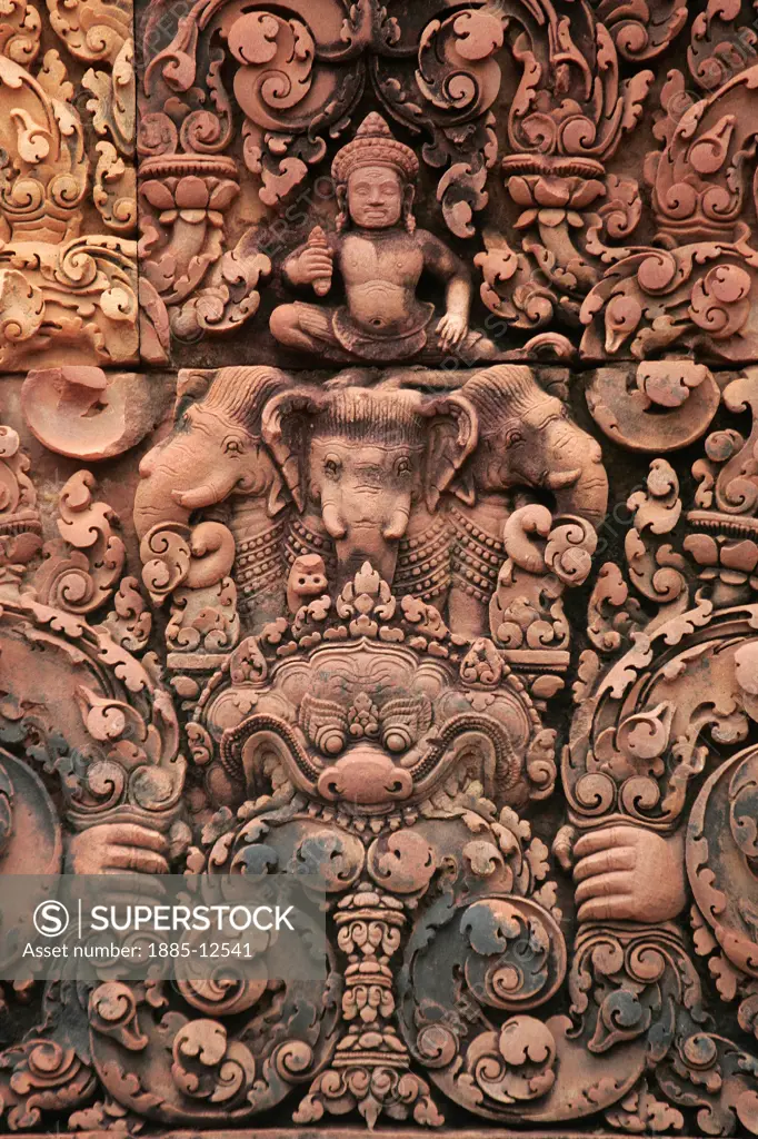 Cambodia, , Siem Reap - near, Intricate bas-relief at Banteay Srei temple