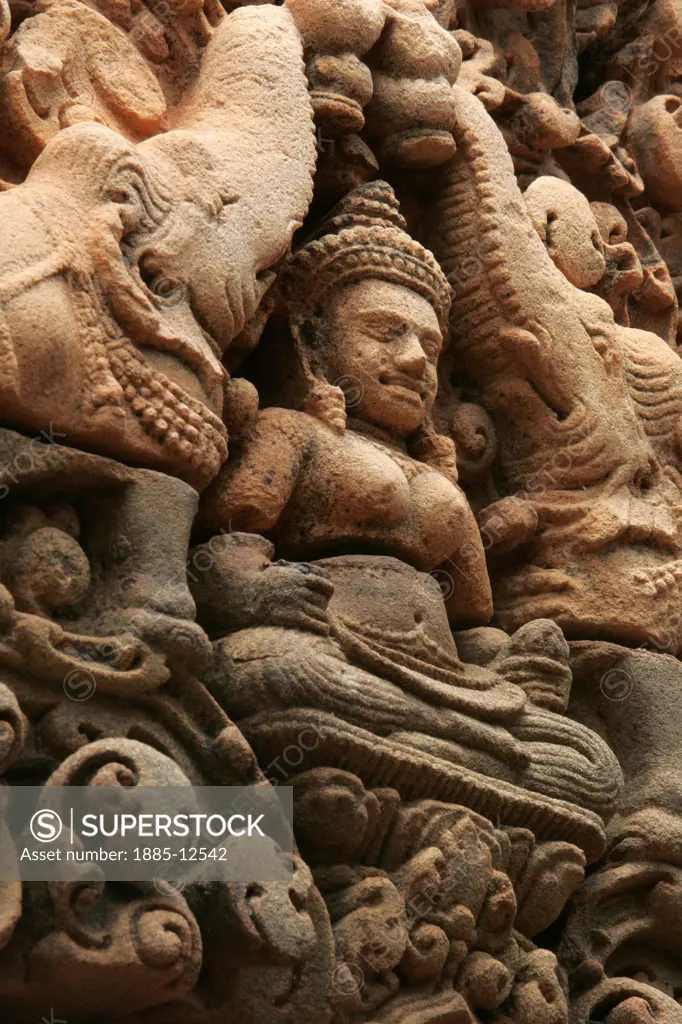 Cambodia, , Siem Reap - near, Bas-relief at Banteay Srei temple