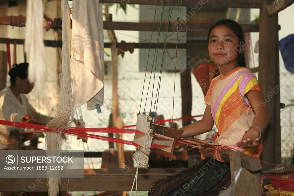 Laos, , General, Girl weaving silk on hand loom