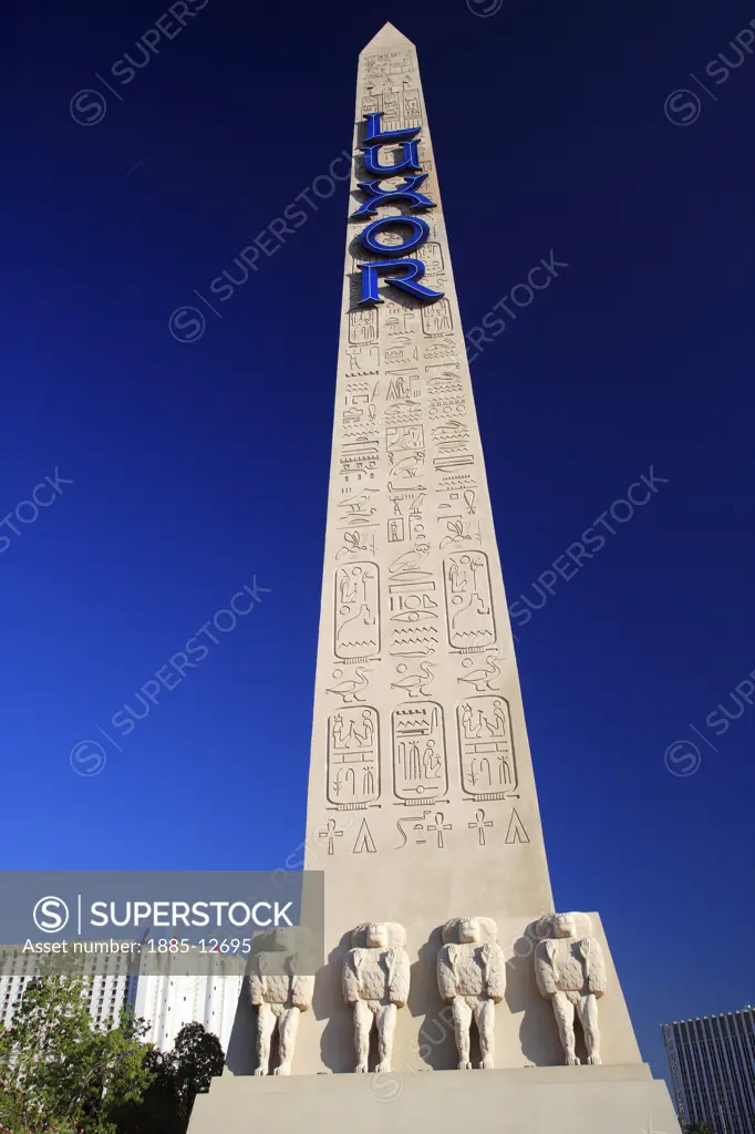 USA, Nevada, Las Vegas, Luxor Hotel and Casino - Cleopatras Needle with name sign 