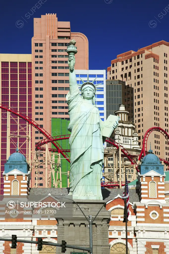 USA, Nevada, Las Vegas, Statue of Liberty at New York New York Hotel and Casino with Tropicana Hotel