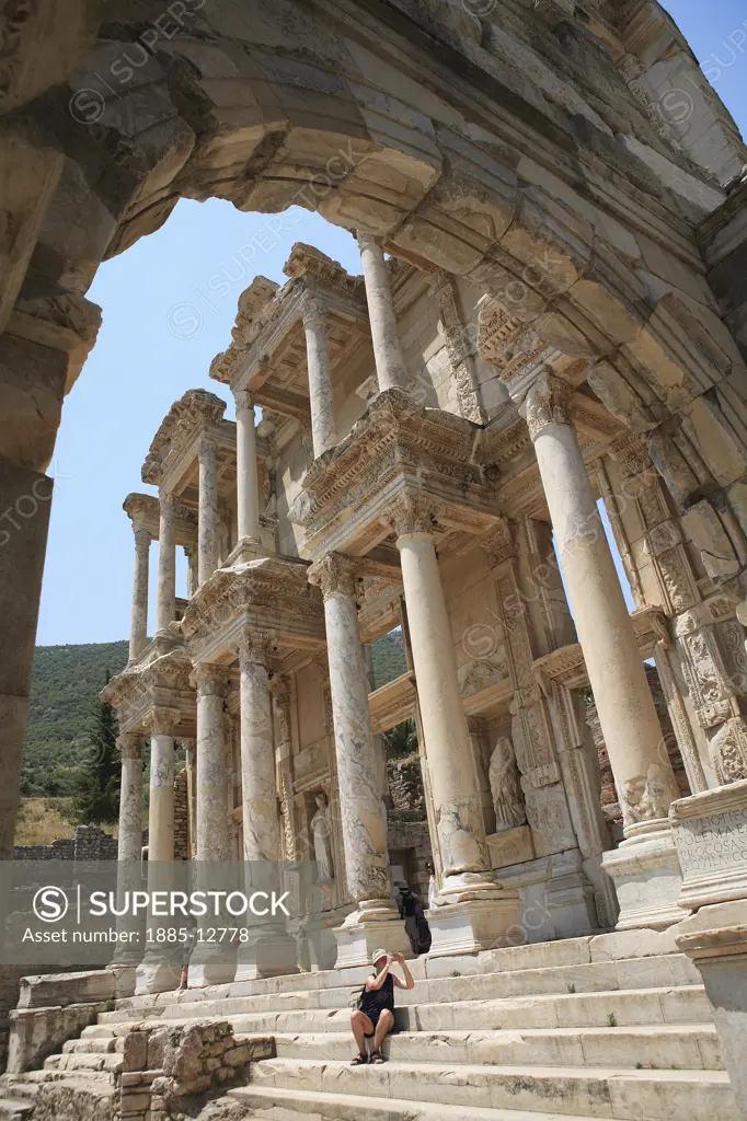Turkey, Aegean, Ephesus, Library of Celsus viewed through arch