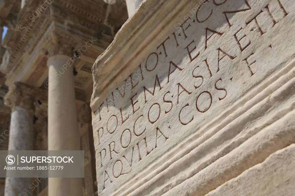 Turkey, Aegean, Ephesus, Library of Celsus with detail of inscription
