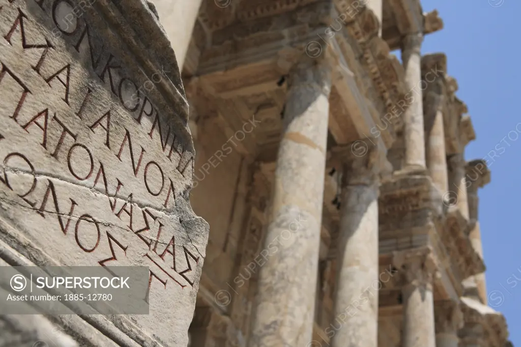 Turkey, Aegean, Ephesus, Library of Celsus with detail of inscription