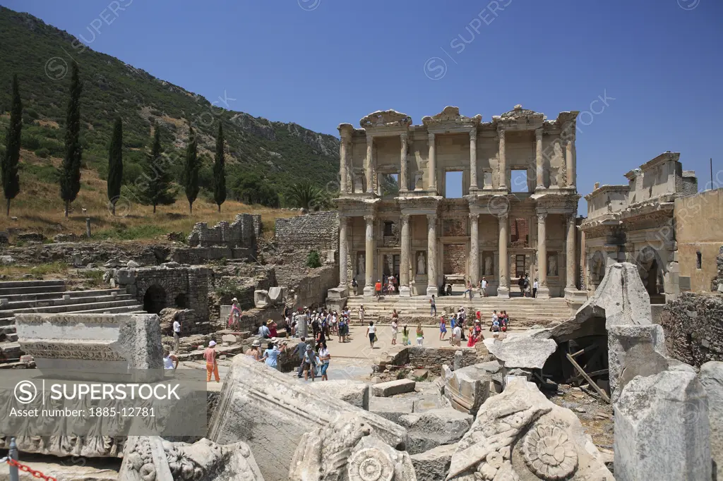 Turkey, Aegean, Ephesus, Roman ruins with Library of Celsus 