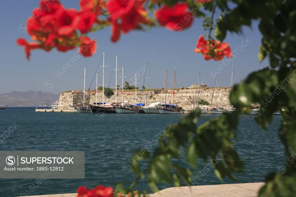 Greek Islands, Kos Island, Kos Town, View  over sea to the Castle of the Knights framed by flowers