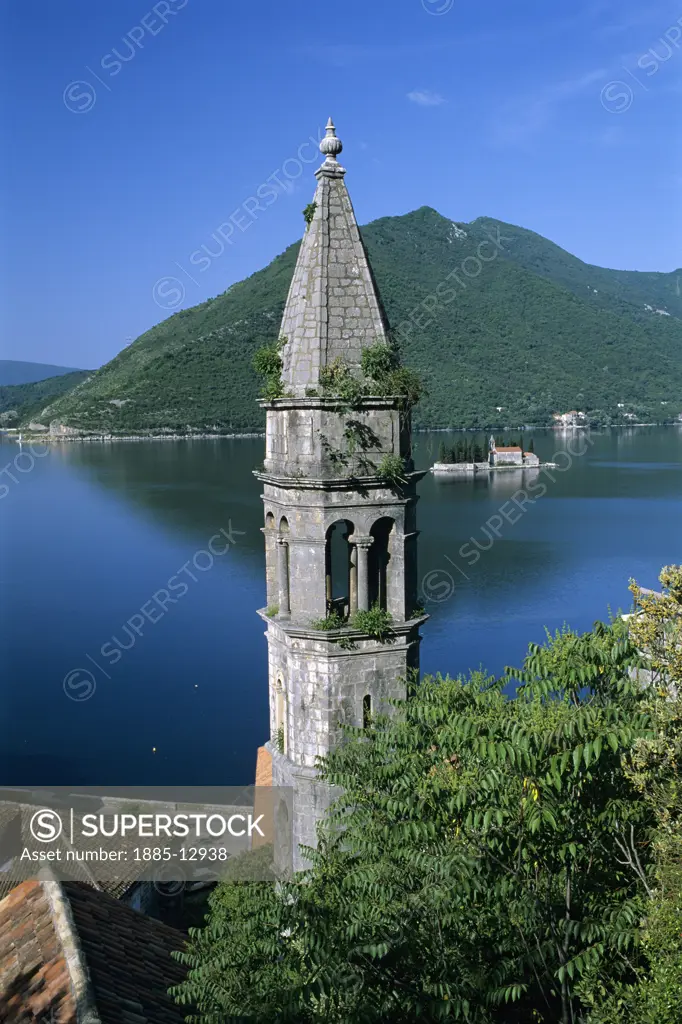 Montenegro, , Perast, Church of St Nikola and bay with Monastery of St George