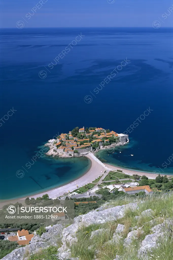 Montenegro, , Sveti Stefan, Aerial view over village and sandbar