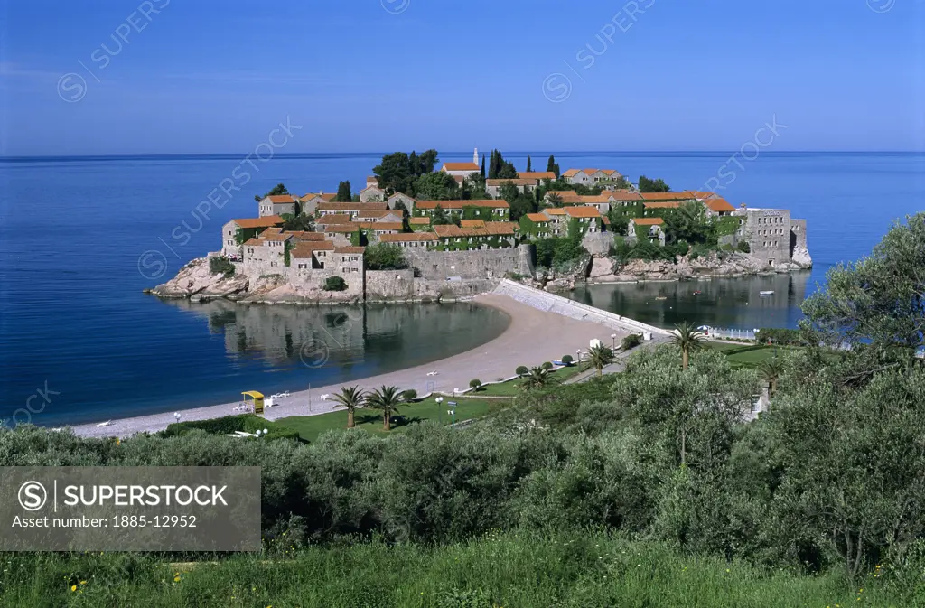 Montenegro, , Sveti Stefan, View across to island and beach