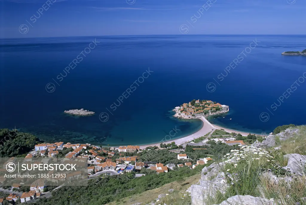Montenegro, , Sveti Stefan, View over island out to the Adriatic Sea