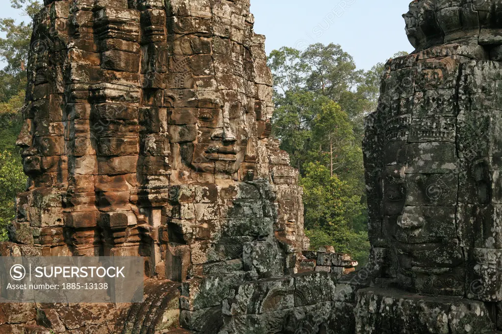 Cambodia, , Siem Reap - near, Angkor Thom - stone head carvings at the Bayon Temple