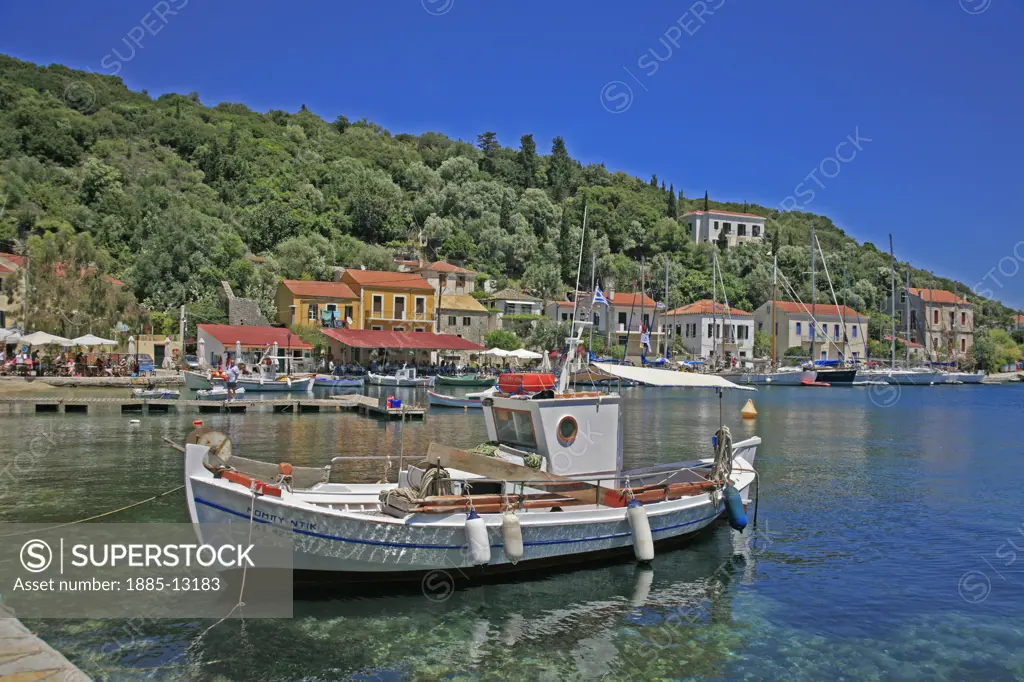 Greek Islands , Ithaki Island, Kioni, Fishing boat in harbour 