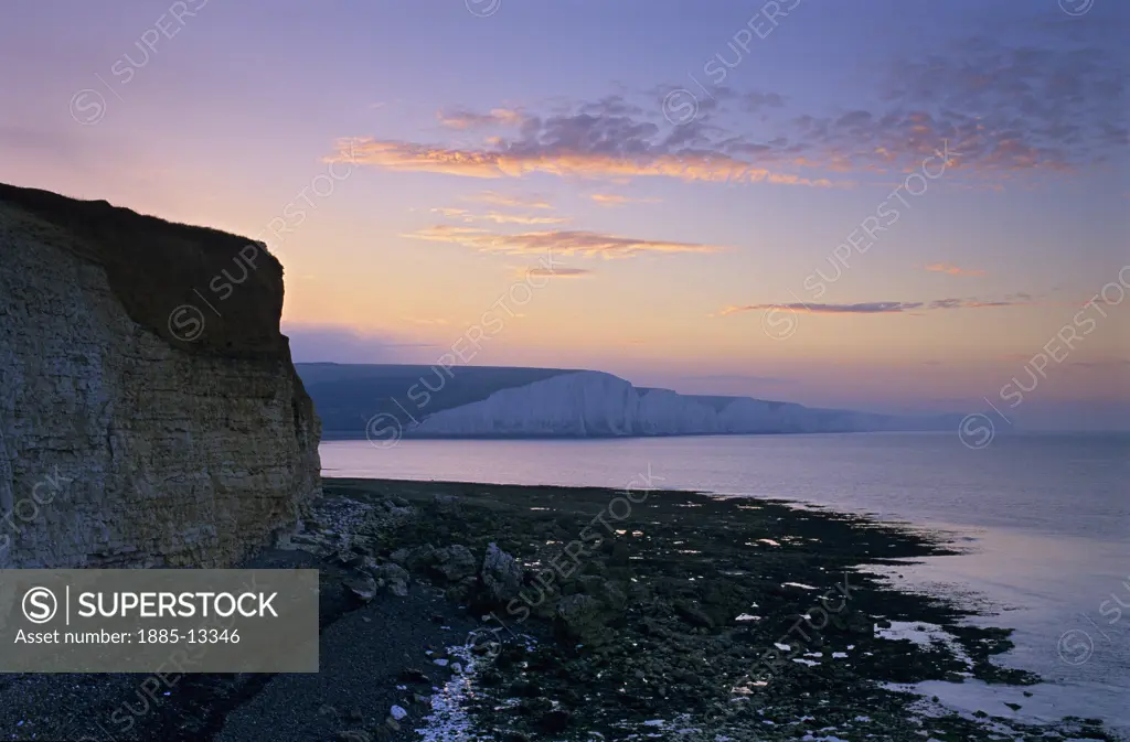 UK - England, East Sussex, Seaford - near, View to the Seven Sisters cliffs at sunrise