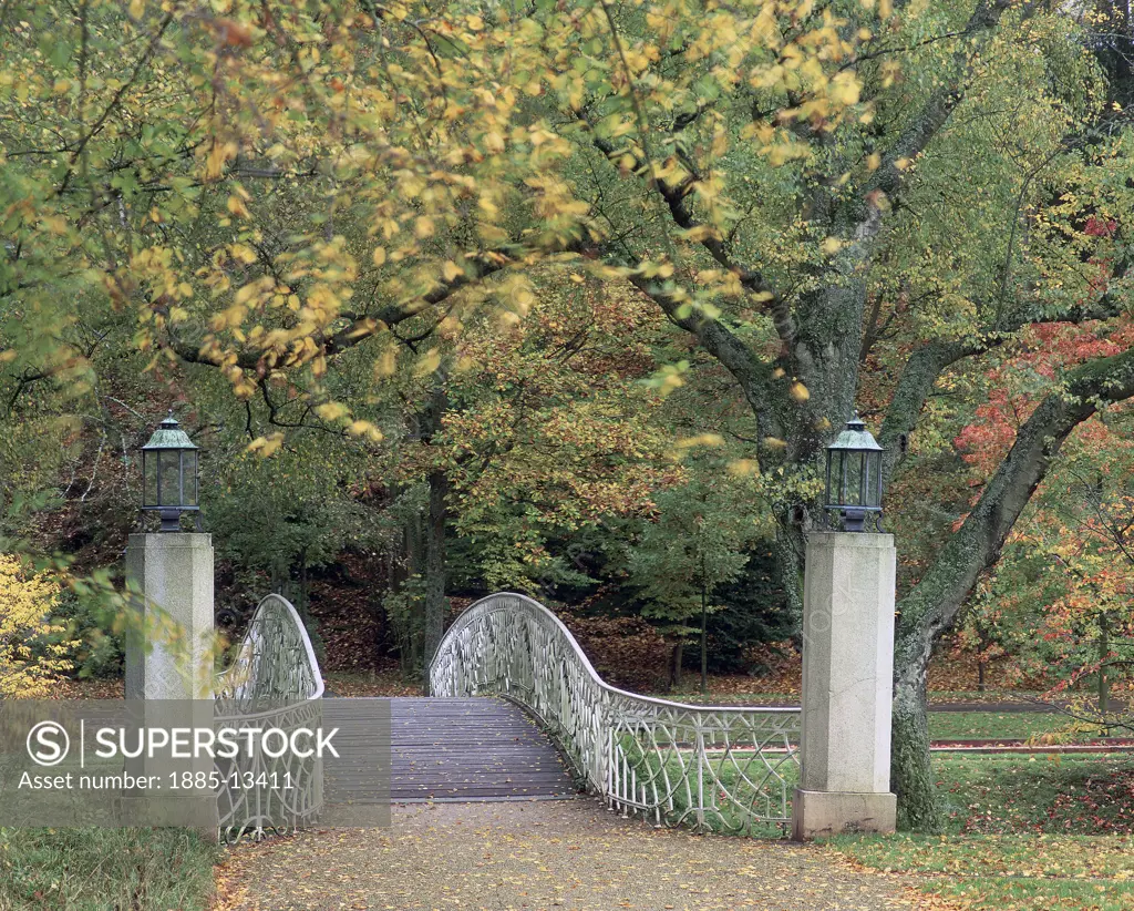 Germany, Baden Wurttemberg, Baden-Baden, Ornamental bridge along the Lichtentaler Allee in Autumn