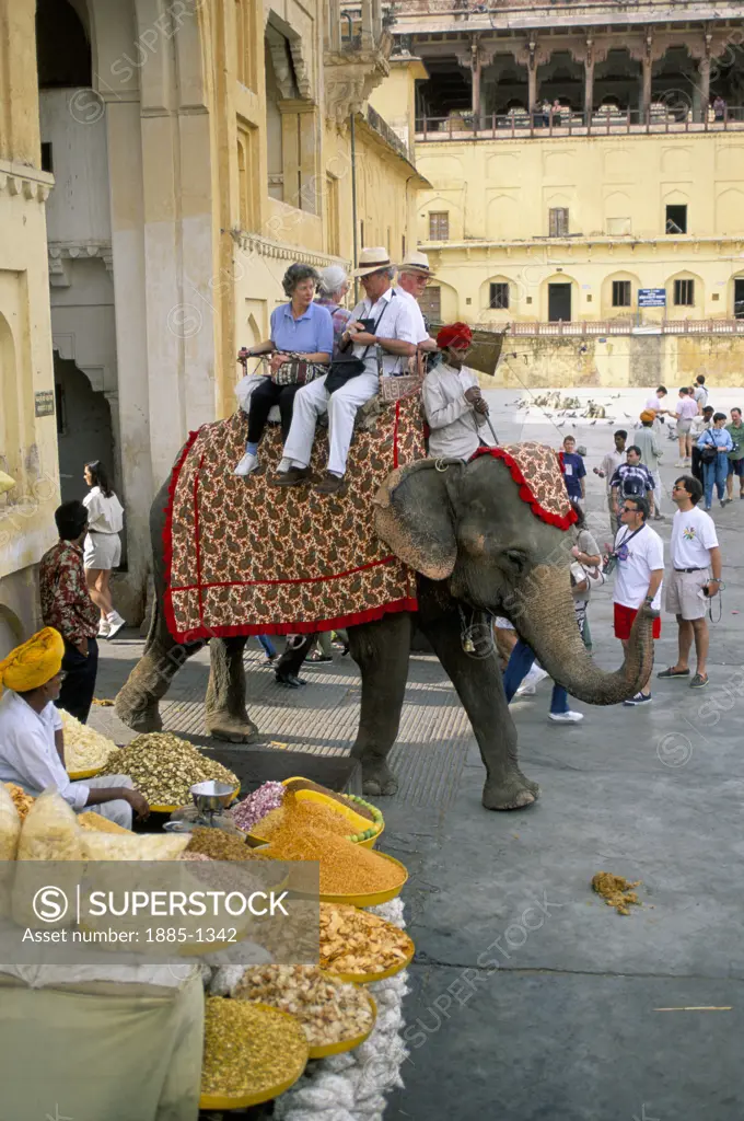 India, , General - People, Street Scene with Elephant arriving at the dismounting point