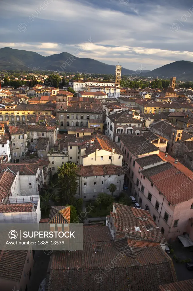Italy, Tuscany, Lucca, View south across the city from the Tower Guinigi