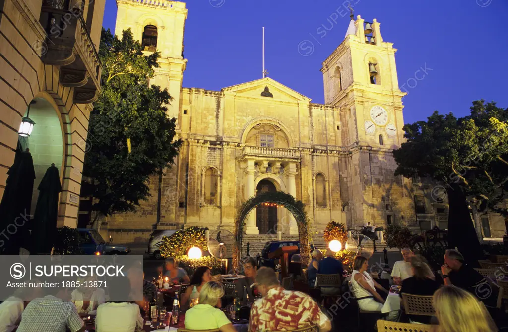 Maltese Islands, Malta, Valletta, Evening restaurant scene in front of St Johns Co-Cathedral