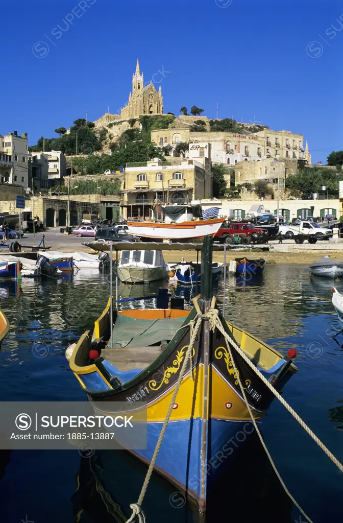 Maltese Islands, Gozo, Mgarr, Harbour with traditional boat