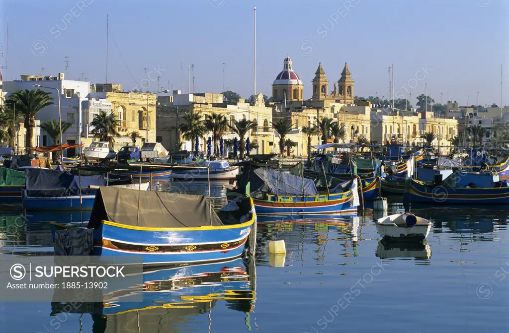 Maltese Islands, Malta, Marsaxlokk, View over harbour with traditional fishing boats