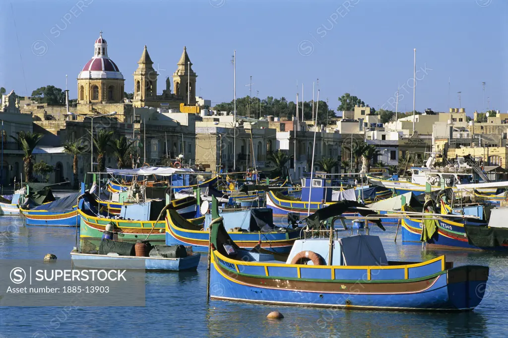 Maltese Islands, Malta, Marsaxlokk, View over harbour with traditional fishing boats