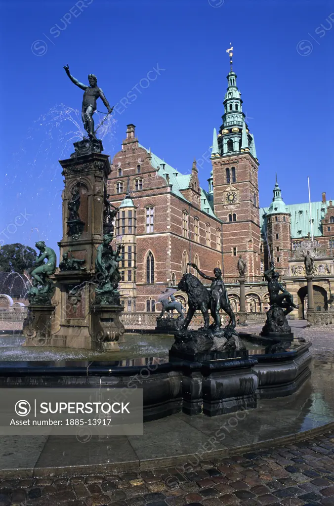 Denmark, , Hillerod, Frederiksborg Castle - facade with fountain 