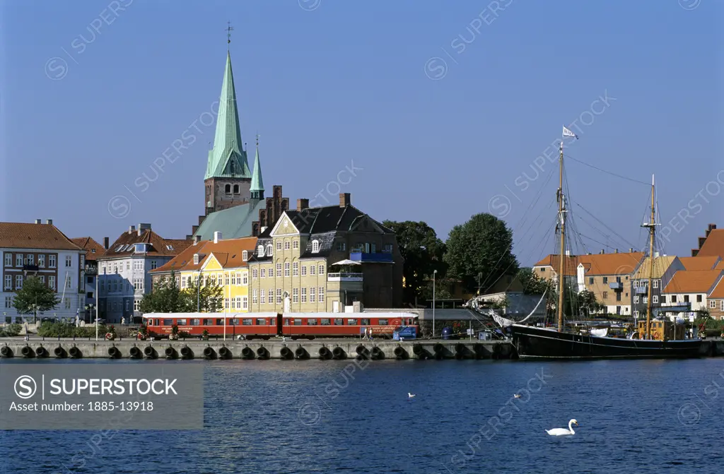 Denmark, , Helsingor, View over harbour to old town