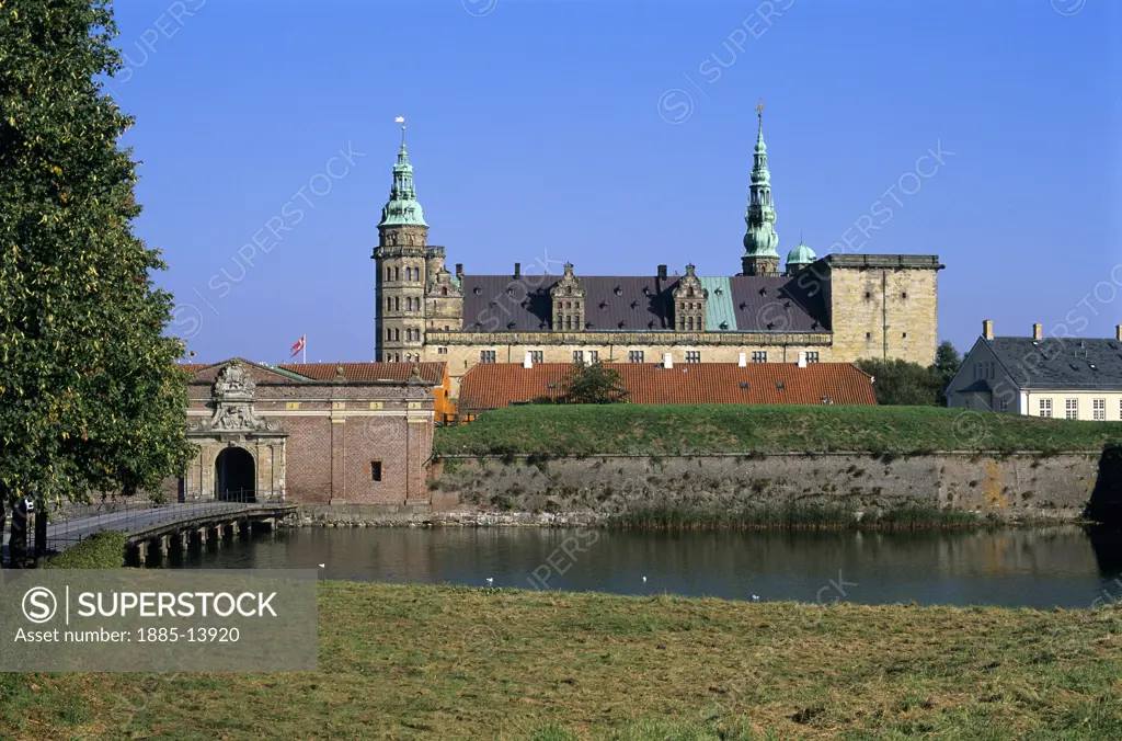 Denmark, , Helsingor, Kronborg Castle viewed over moat  - setting for Shakespeare's Hamlet