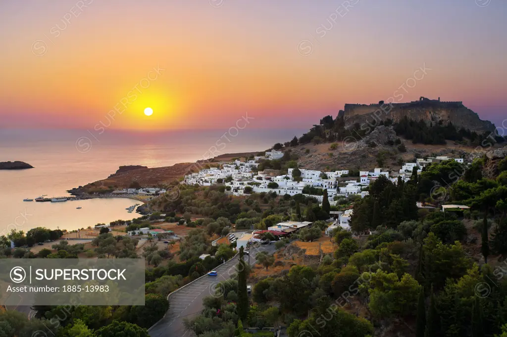 Greek Islands, Rhodes Island, Lindos , View over Lindos town at sunrise