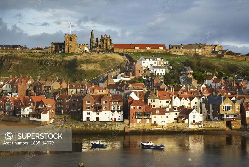 UK - England, Yorkshire, Whitby, Whitby Outer Harbour and hillside town