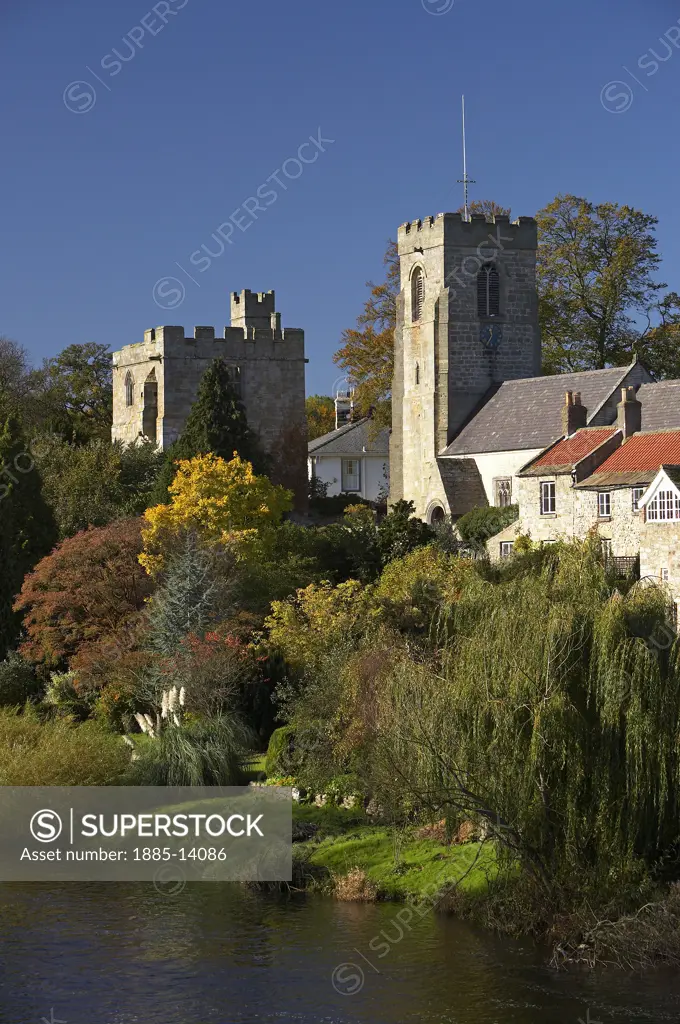 UK - England, Yorkshire, West Tanfield, View of the Marmion Tower and River Ure in autumn