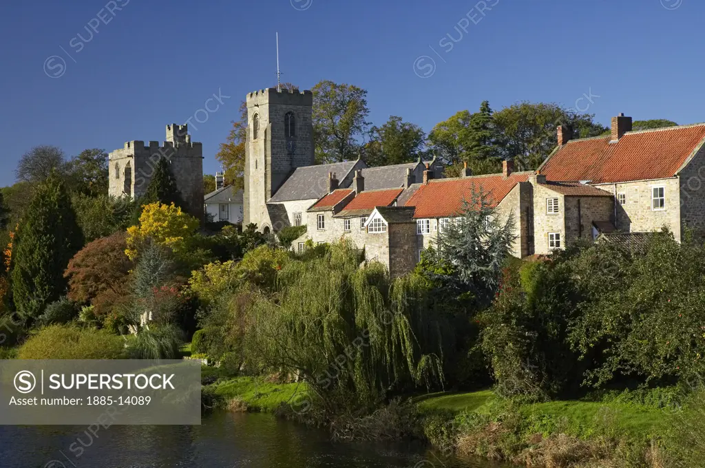 UK - England, Yorkshire, West Tanfield, View of the Marmion Tower and River Ure in autumn