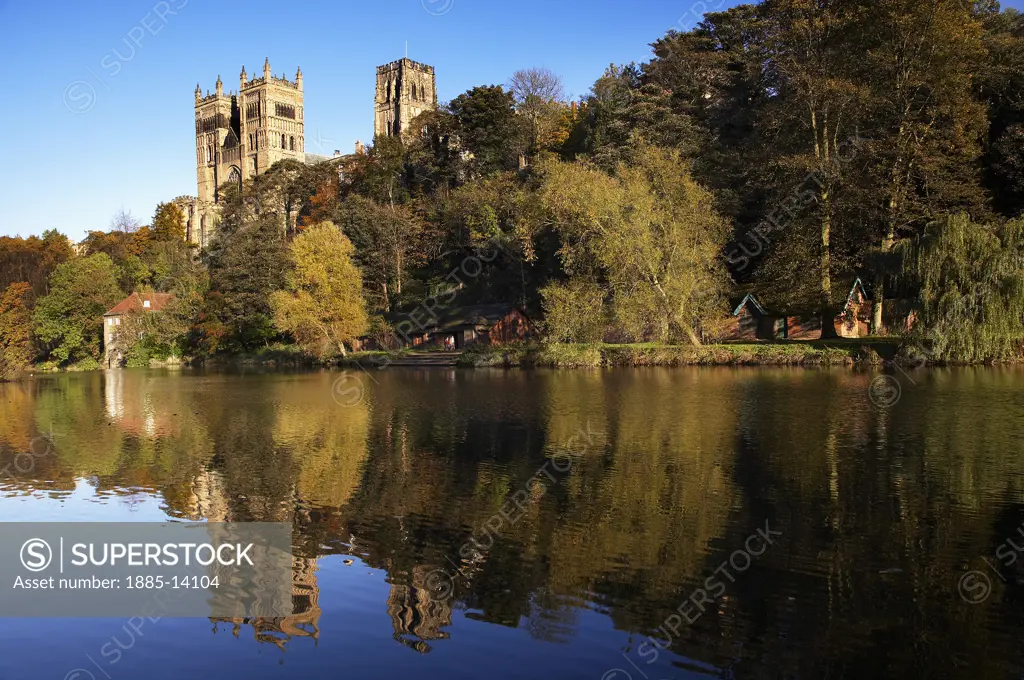 UK - England, County Durham, Durham, Durham Cathedral and the River Wear in autumn