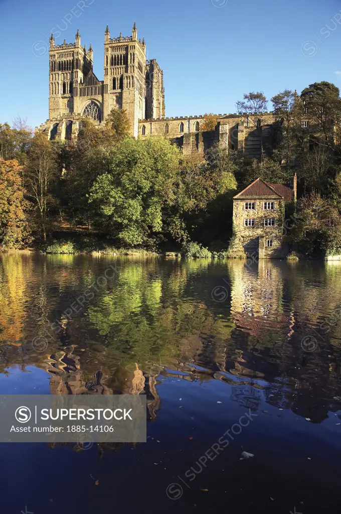 UK - England, County Durham, Durham, Durham Cathedral and the Old Fulling Mill on the River Wear 