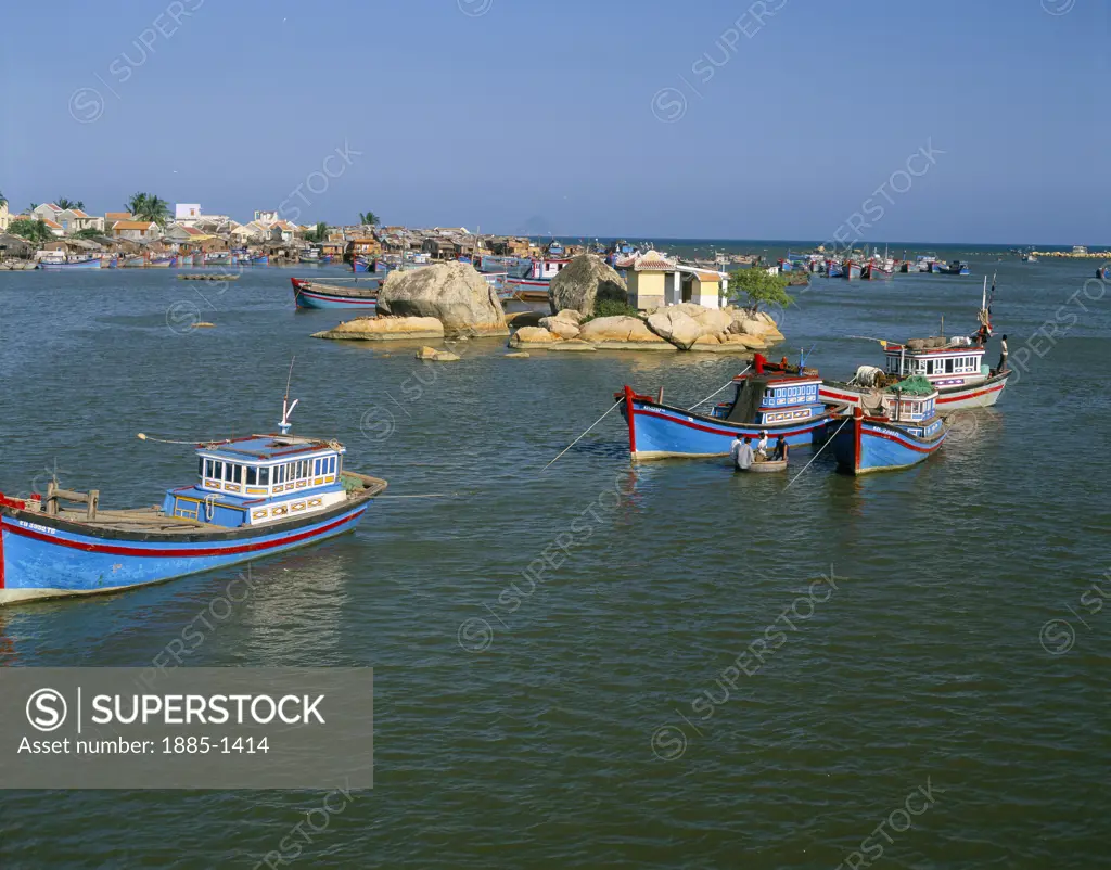 Vietnam, , Nha Trang, Harbour with blue boats