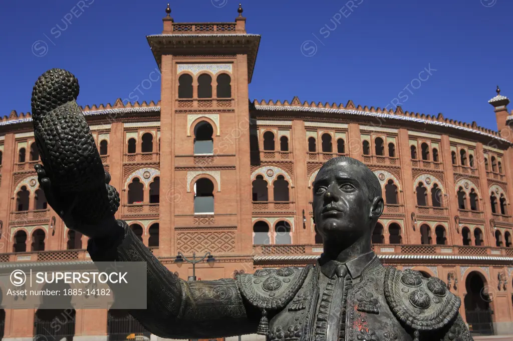 Spain, , Madrid, Bullring - Plaza Monumental de las Ventas with statue of bullfighter 