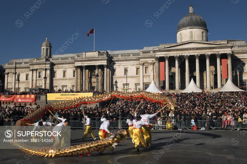 UK - England, , London, Chinese New Year - dragon dance in front of National Gallery