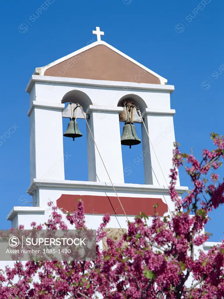 Greek Islands, Crete, General, Church bell tower and spring blossom 
