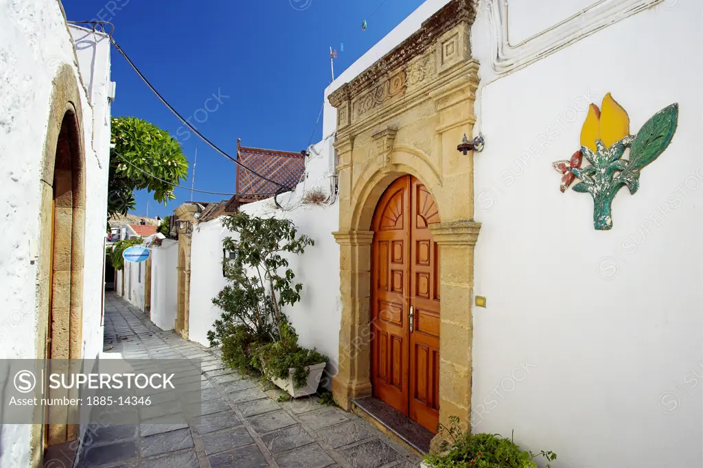 Greek Islands, Rhodes Island, Lindos , Narrow street in the Old Town