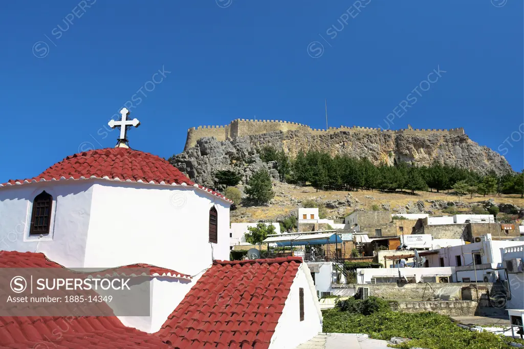 Greek Islands, Rhodes Island, Lindos , Church of Agia Panagia and acropolis