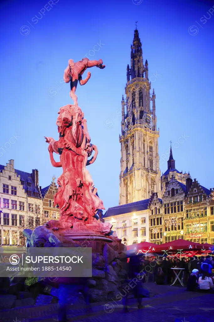 Belgium, Flanders, Antwerp, Grote Markt - cathedral and statue