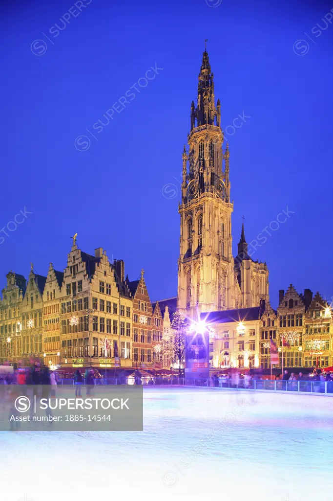 Belgium, Flanders, Antwerp, Grote Markt - ice rink and cathedral 