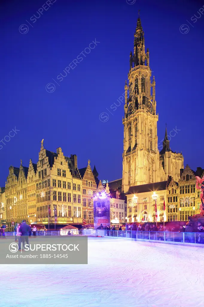 Belgium, Flanders, Antwerp, Grote Markt - ice rink and cathedral 