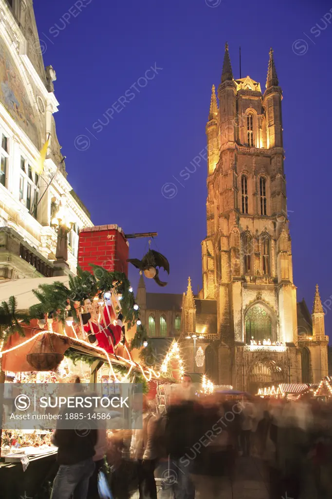 Belgium, Flanders, Ghent, Emile Braun Plein - Saint Bavo's Cathedral and Christmas Market