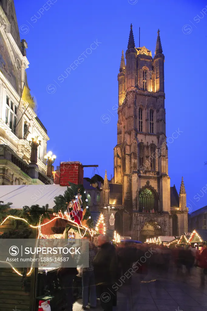 Belgium, Flanders, Ghent, Emile Braun Plein - Saint Bavo's Cathedral and Christmas Market