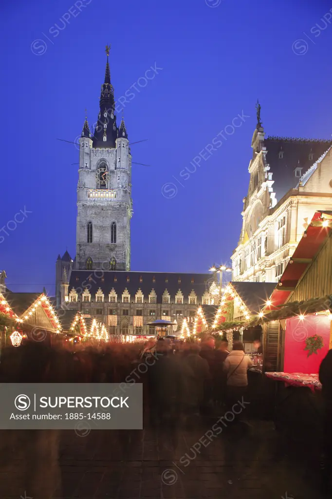 Belgium, Flanders, Ghent, Emile Braun Plein - The Belfry and Christmas Market