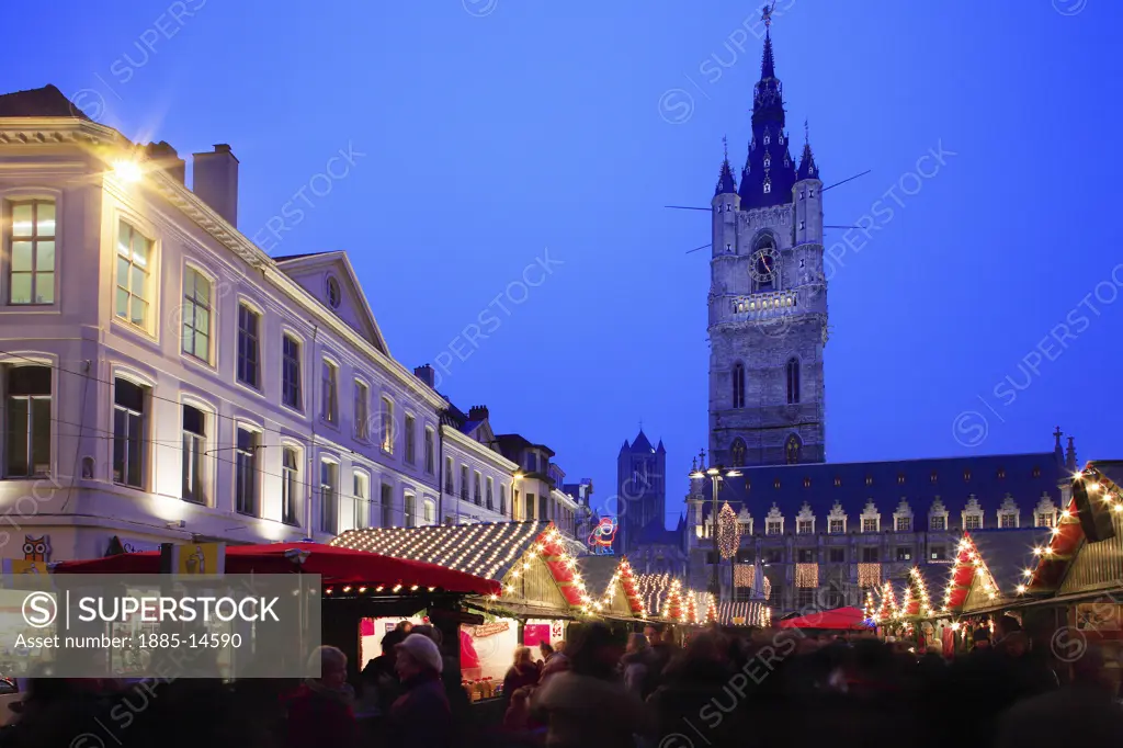 Belgium, Flanders, Ghent, Emile Braun Plein - The Belfry and Christmas Market