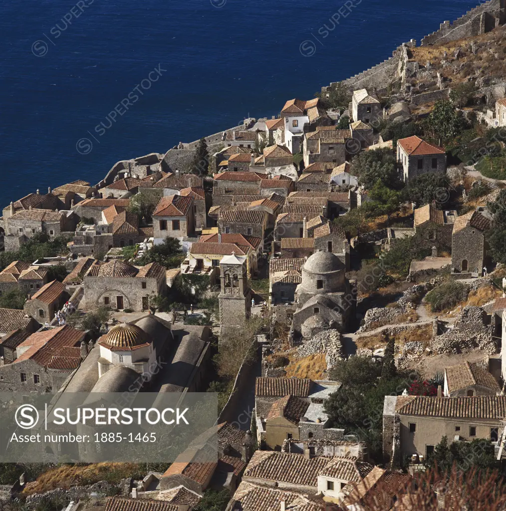 Greece, Peloponnese, Monemvasia, Aerial view of rooftops
