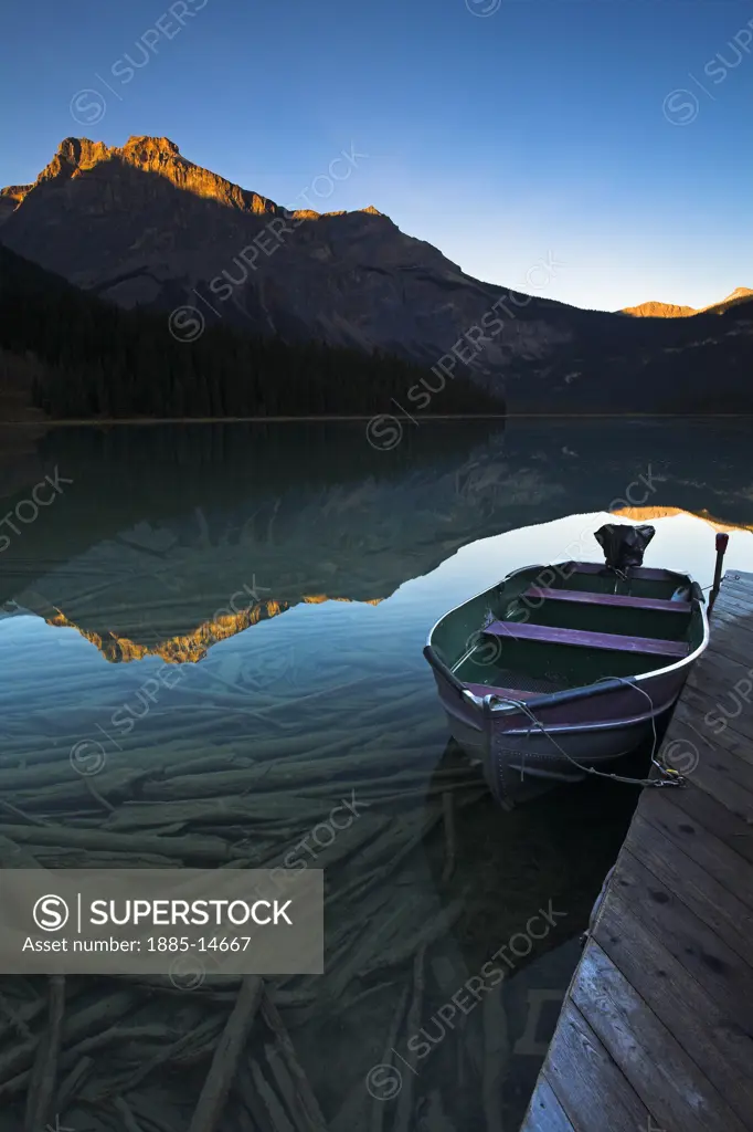 Canada, Alberta and The Rockies, Yoho National Park, Emerald Lake with boat at jetty
