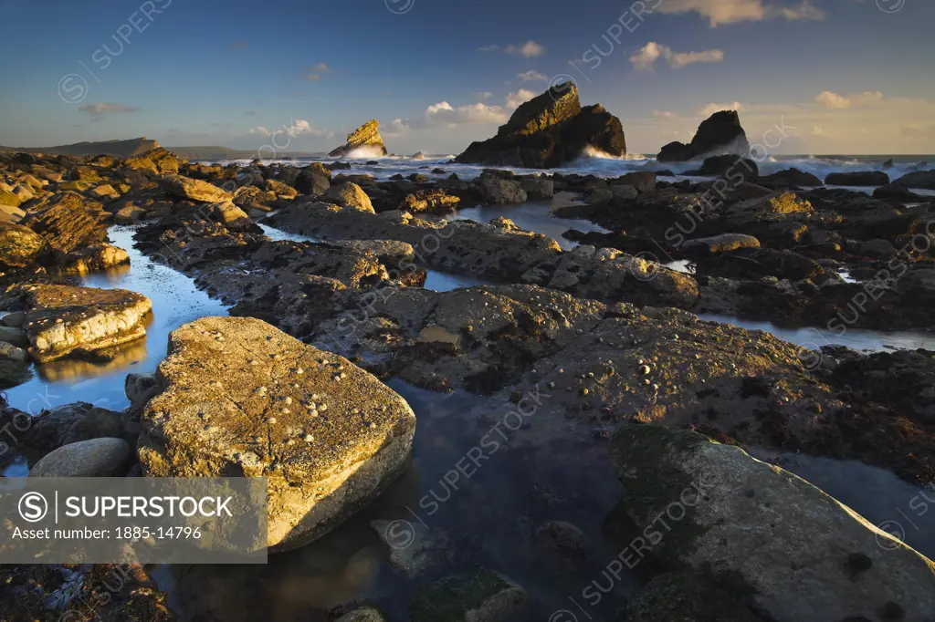 UK - England, Dorset, Mupe Bay, Rocky seashore at dusk
